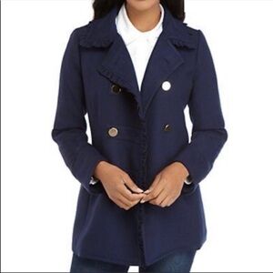 Crown & Ivy Women's Ruffle Trim Peacoat In Navy Blue with Gold Buttons Size XL